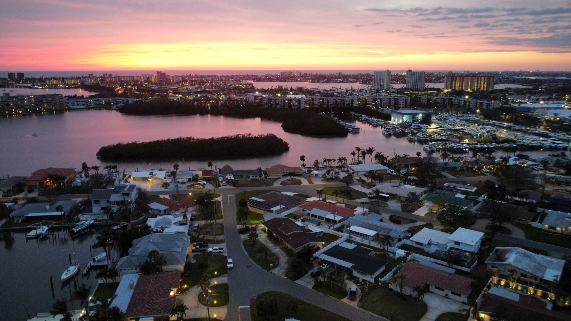 Dusk over the St. Petersburg waterfront and intracoastal — the Gulf Coast houses Hausmark works on
